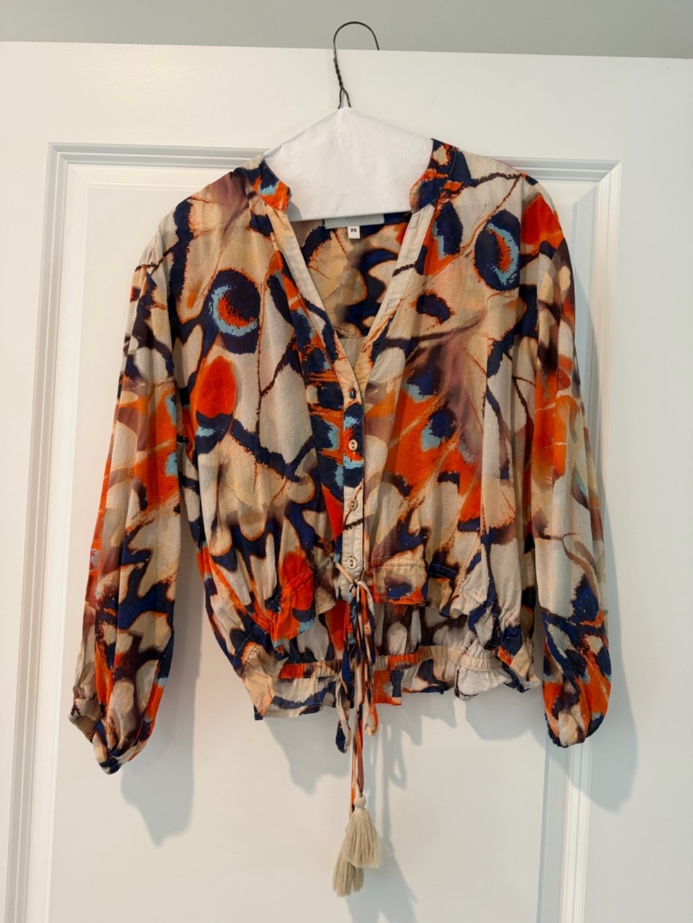 Cara Cara Perrin Top- Abstract Print Tie-Waist Blouse - Cream, Orange & Navy